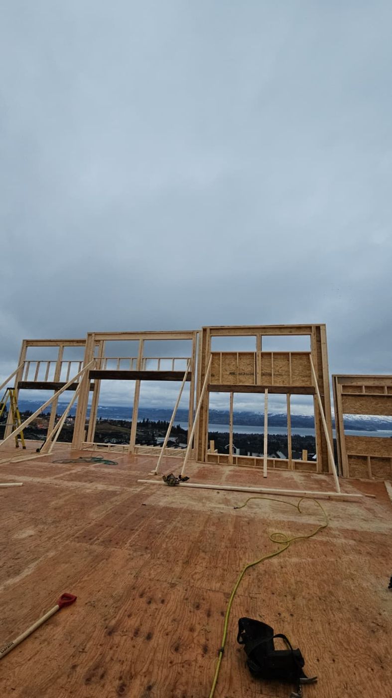 Tall framed walls with openings looking over the lake