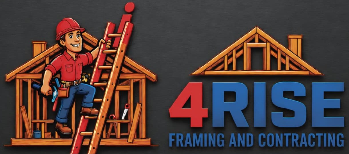 4Rise Framing and Contracting logo with a framer in a red hard hat climbing a ladder beside a timber house frame